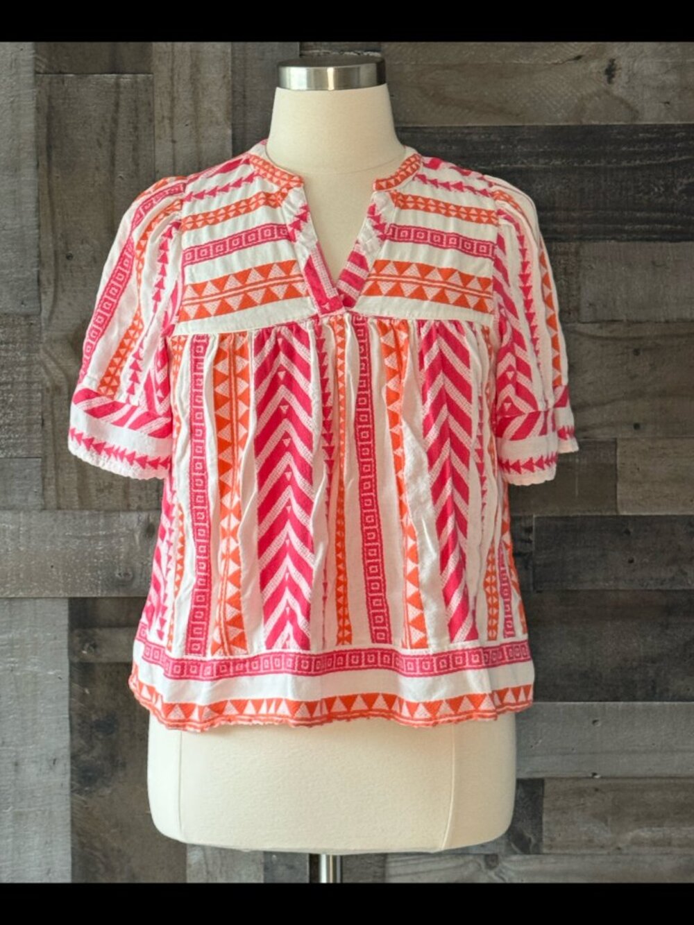 Pink orange embroidered peasant top large tropical beach feminine barbiecore